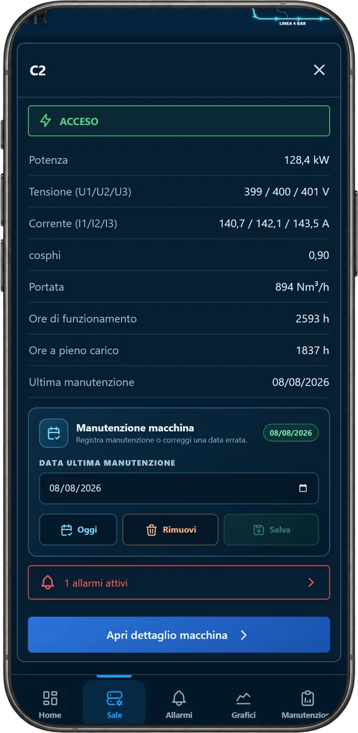 Applicazione SYNAPTEN su telefono: pagina macchina con la manutenzione
