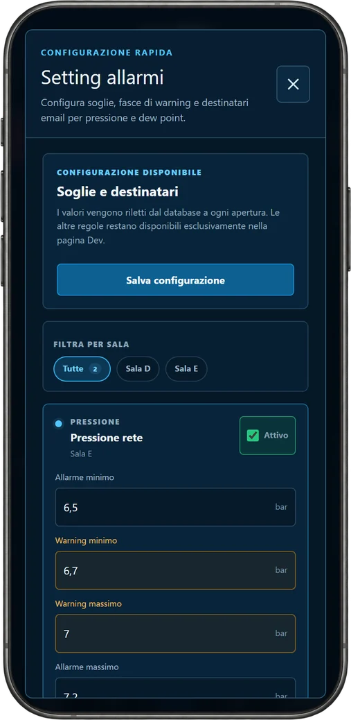 Applicazione SYNAPTEN su telefono: setting allarmi: soglie, warning, destinatari